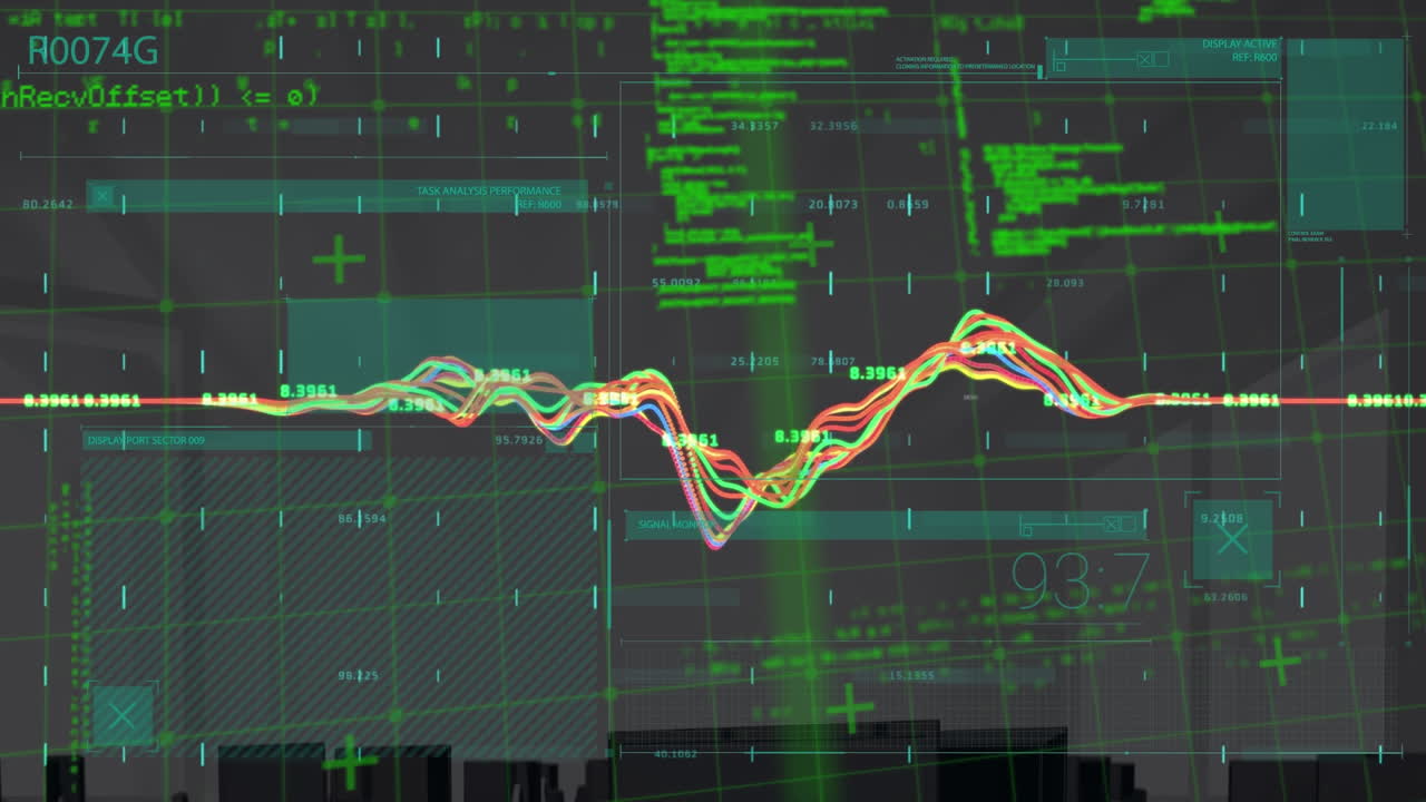 Animation of financial data processing over cityscape