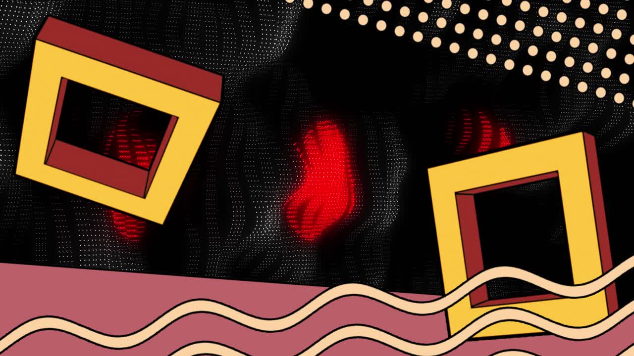 Animation af firkanter og bølger over et mørkt rum med røde lys