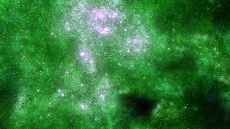 glowing green nebula with scattered white dots illuminated by stars