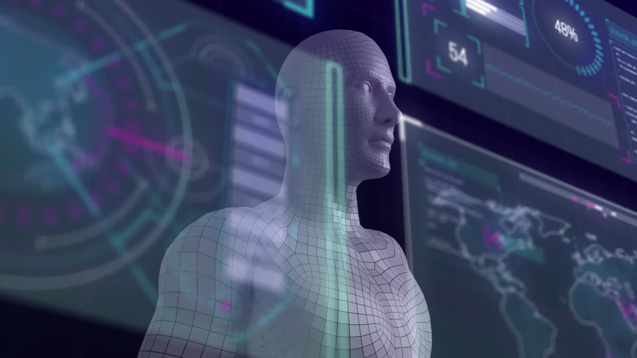 Animation of digital human over data processing on black background