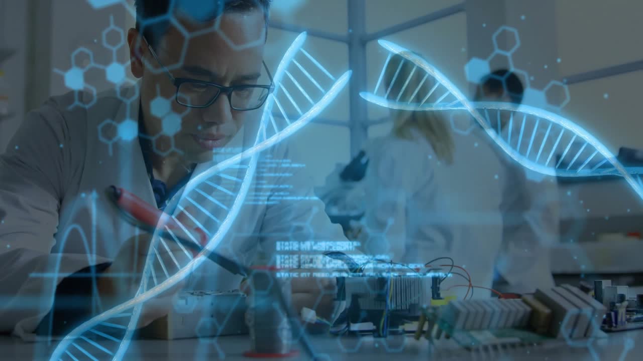 Male scientist soldering circuit board sparking DNA helix and code graphics intensifying around be