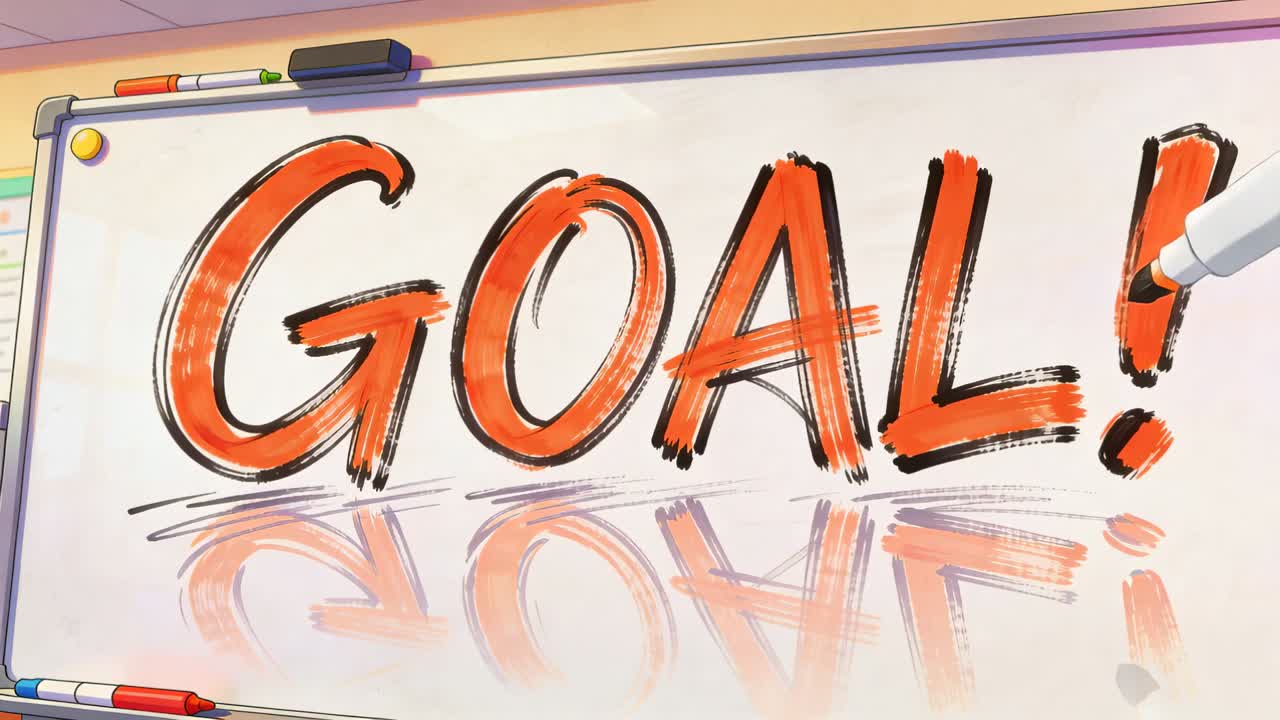 マーカーが教室のホワイトボードに赤い丸と緑のチェックを描き、「GOAL!」と書かれている。マグネットとペンが見える。