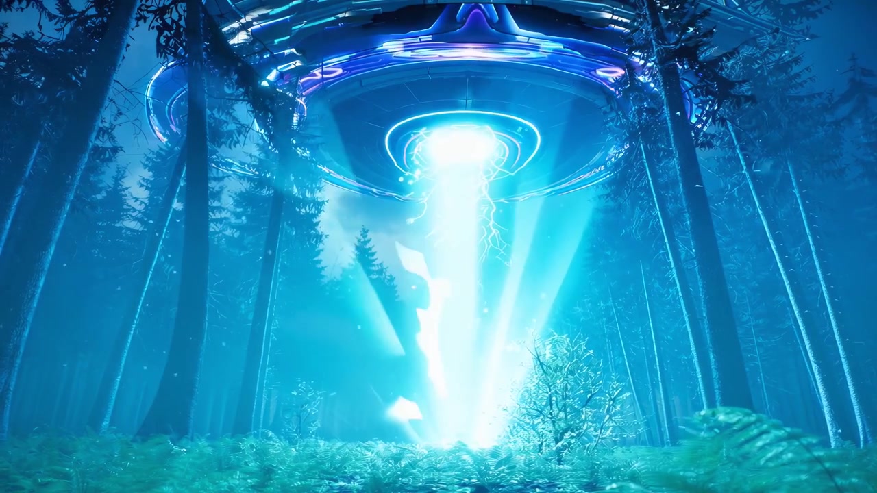 UFO sospeso su una foresta scura che emette un fascio di luce blu brillante