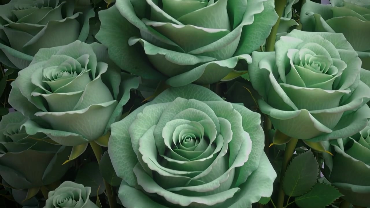 Zooming camera revealing central green rose in tight floral frame, exposing petal detail and buds