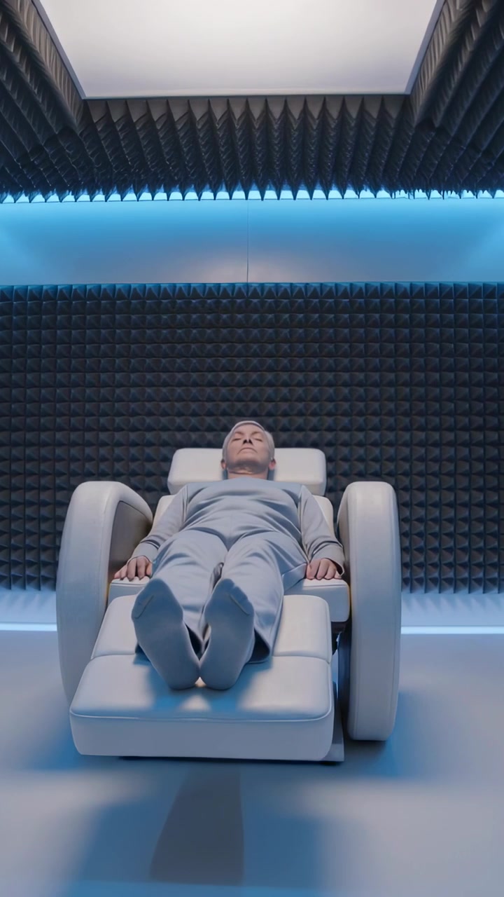 Vertical video: Opening showing man on chair in foam room under blue LED wearing jumpsuit for test
