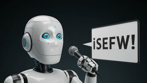 a futuristic robot character passionately delivers a speech, amplifying its message with a microphone while engaging in an audience interaction with a bold proclamation