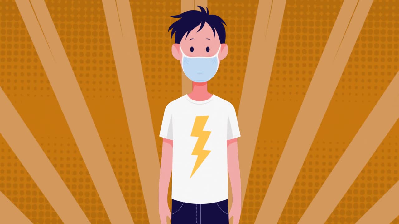 animación de la caída de las células de covid-19 sobre un hombre que usa una máscara facial