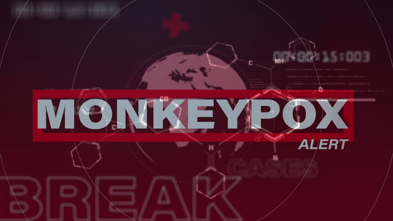 전 세계와 빨간색 배경 위의 원이 천연두 경보의 애니메이션