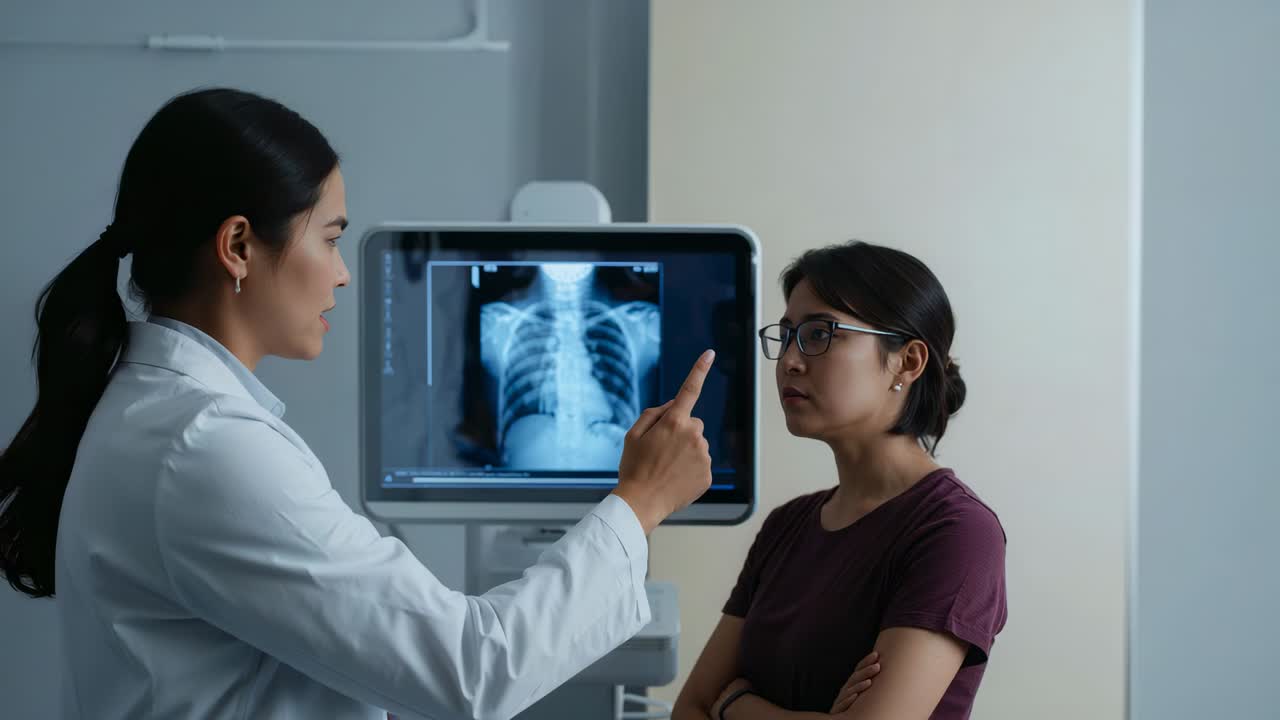 Pointing Dr with stethoscope explaining chest xray on screen in clinic patient with specs listening