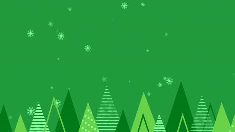 Animation-Von-Weihnachtsbäumen-Und-Schneeflocken,-Die-Auf-Grünen-Hintergrund-Fallen
