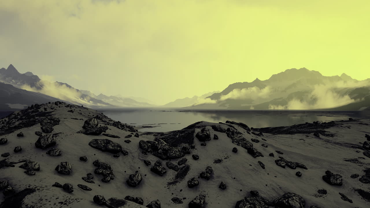 Ethereal landscape at twilight with mist hovering over tranquil waters