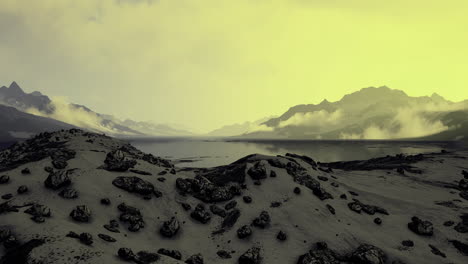 ethereal landscape at twilight with mist hovering over tranquil waters