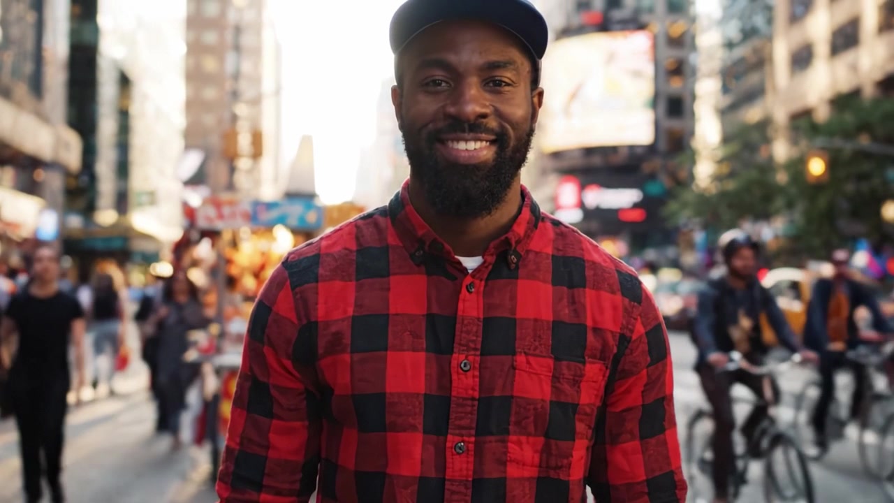 Un uomo sorridente con una camicia a quadri rossa sta in piedi con sicurezza tra le strade animate di una città trafficata, circondato da insegne colorate e attività vivace