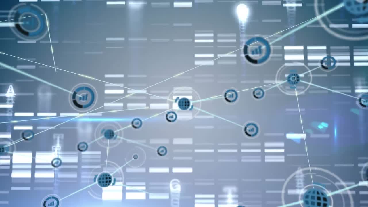 Network of digital icons against mosaic squares on blue background