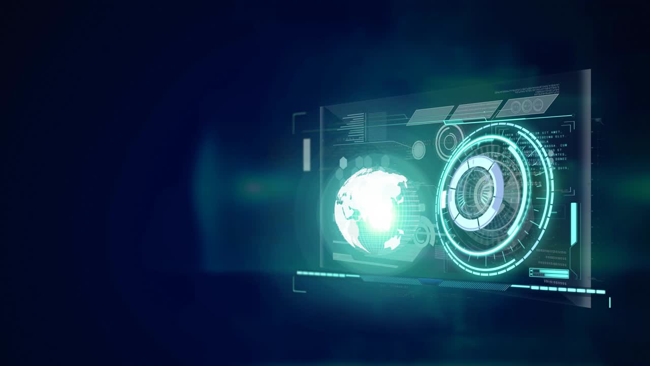 네온 둥근 스캐너가 디지털 인터페이스 위에 회전하고 파란색 배경에 데이터 처리가 있습니다.