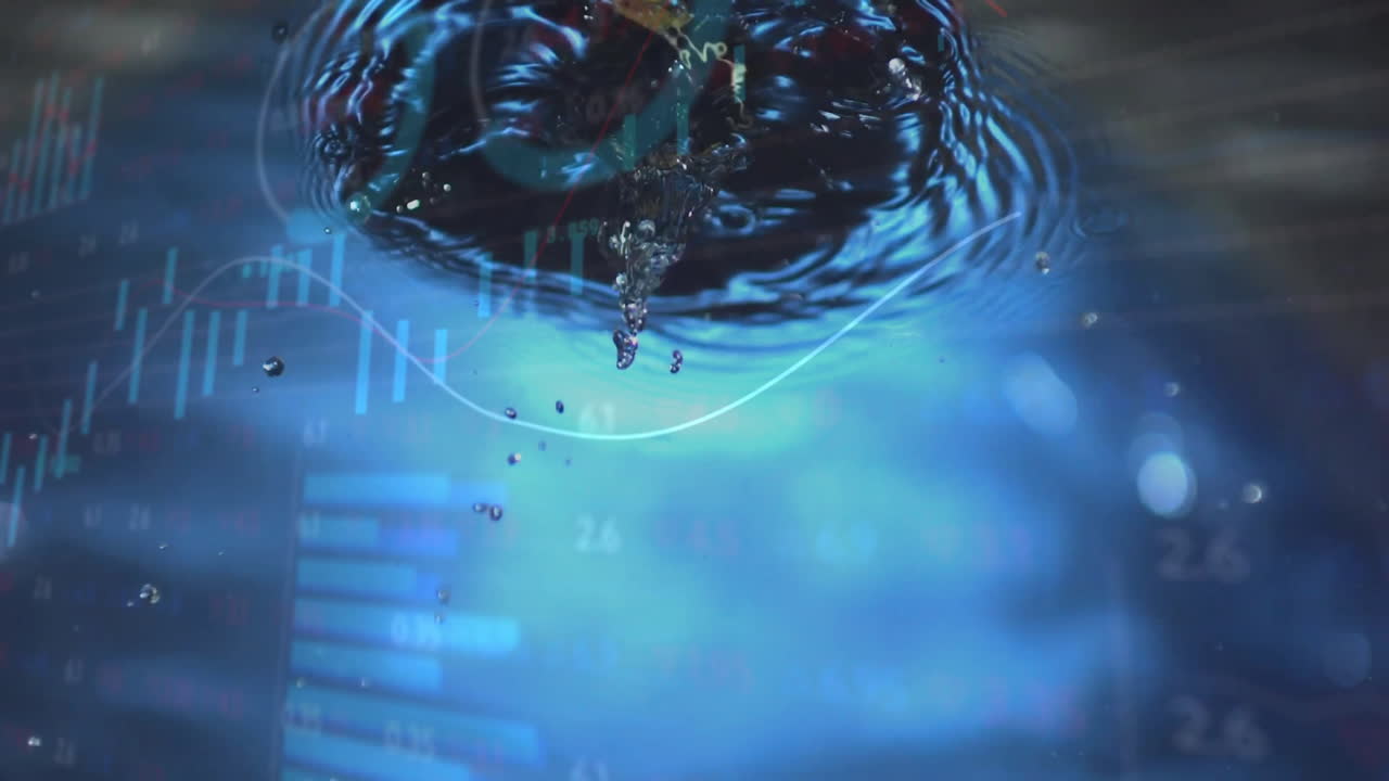 Water droplet creating concentric ripples in abstract 3D render, blending financial chart data