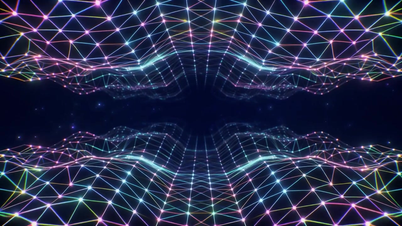 Abstract Digital Grid Tunnel with Glowing Neon Nodes
