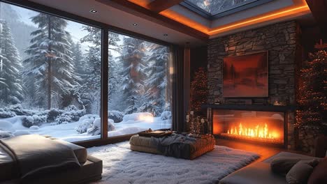 cozy winter retreat with snowy view. a cozy living space with a fireplace and snow-covered trees sets a perfect winter relaxation spot.