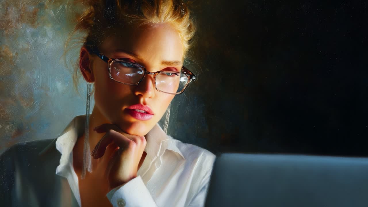 Eine nachdenkliche junge Frau mit Brille blickt aufmerksam auf ihren Laptop-Bildschirm und strahlt in einer sanft beleuchteten Umgebung eine Aura der Konzentration und des Intellekts aus.