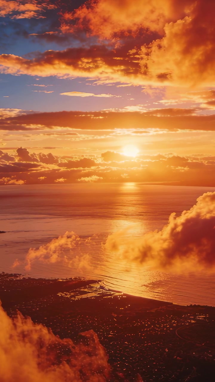 Pystyvideo: Drone perääntyy paljastaen auringon heijastuksen merestä rannikon yllä, näyttäen kaupungin valoja.