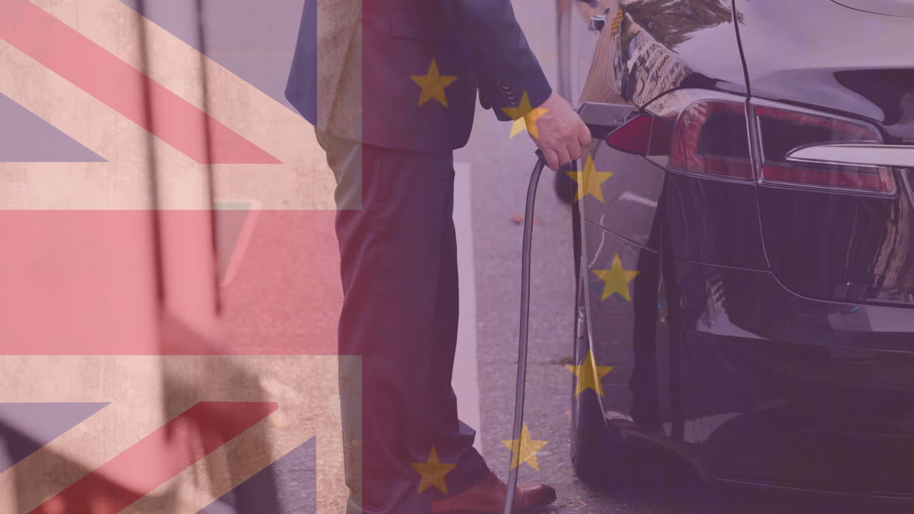 영국과 유럽연합의  ⁇ 발이 사람을  ⁇ 는 전기차 위에
