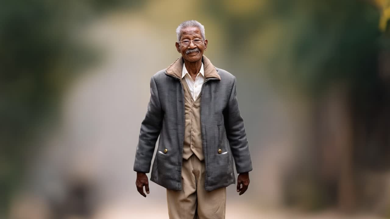 Un uomo anziano e gioioso in piedi su un sentiero, che irradia felicità e saggezza, abbracciando la vita con un sorriso caloroso e ricche esperienze in un ambiente sereno.