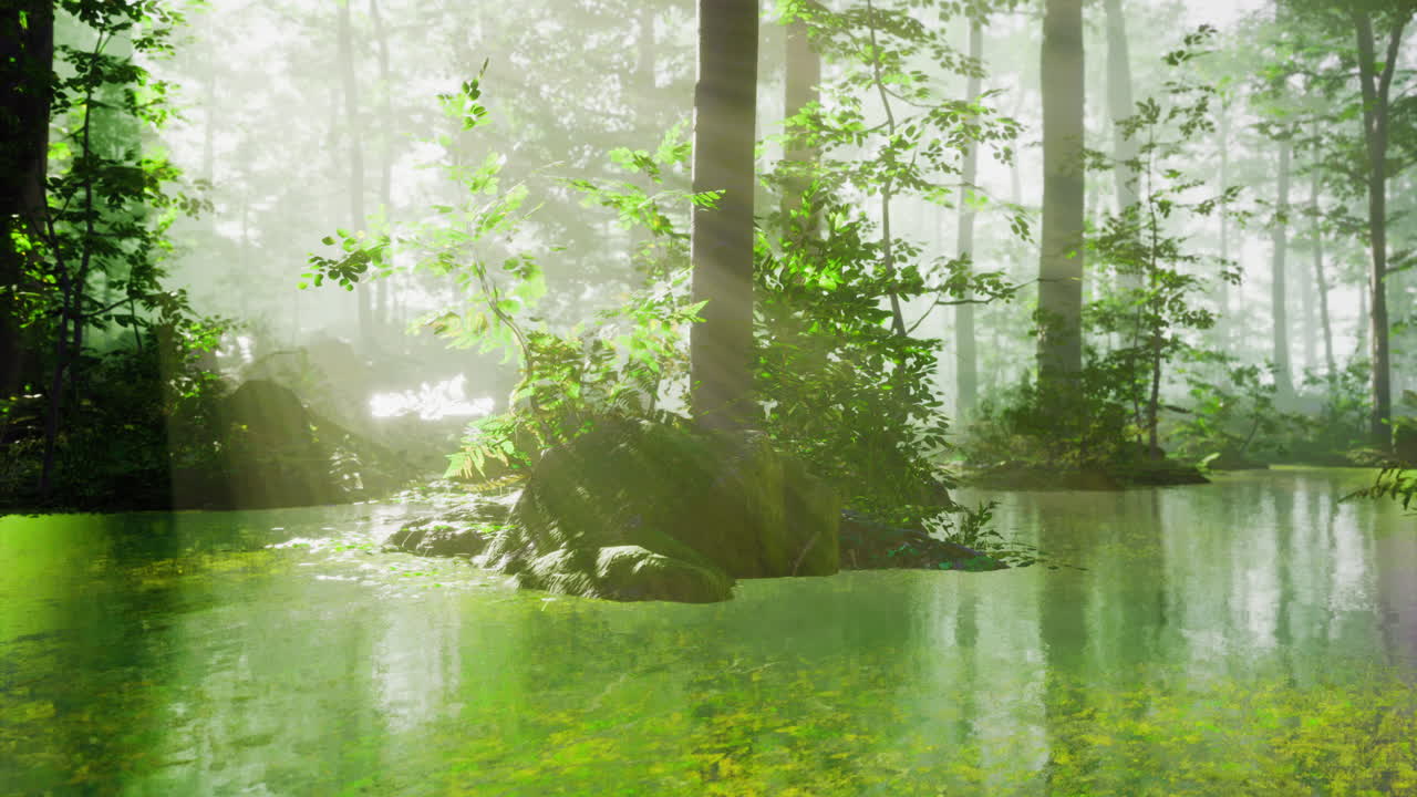 Mystical forest landscape with shimmering water and ethereal light effects