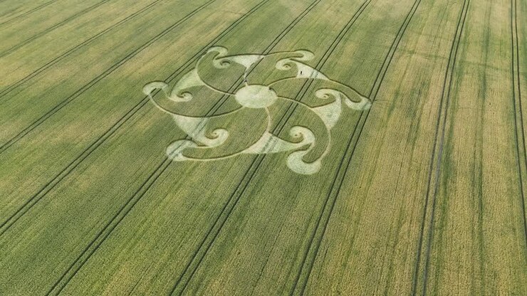 Etchilhampton spiral crop circle formation aerial view establishing Wiltshire farmland countryside