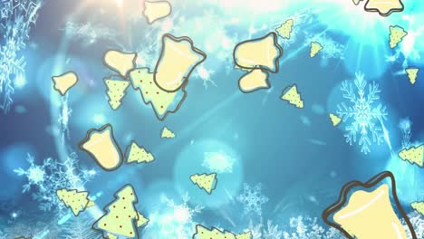 animation of bells and christmas trees over snowflakes and light spots on blue background