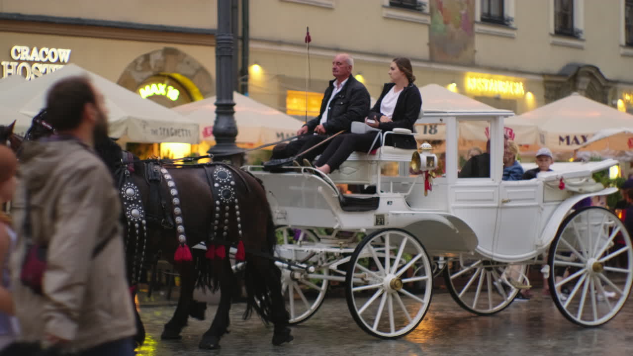 유럽 도시 광장 에서 말 을 끌고 다니는 마차