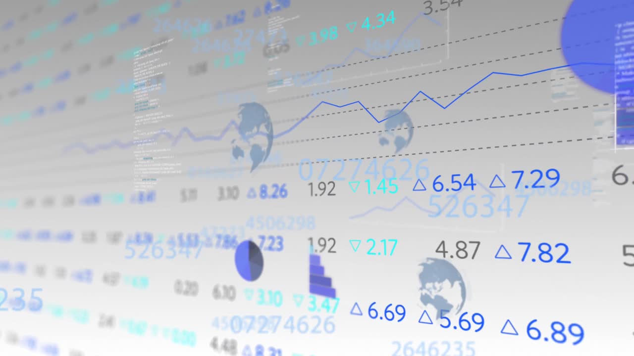 animación del procesamiento de datos financieros y globos sobre pantalla