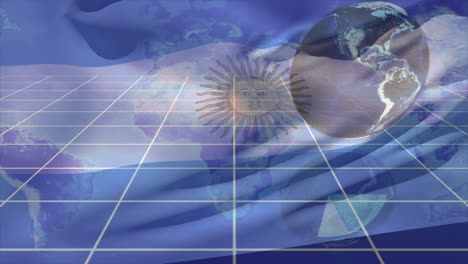 animation of moving flag of argentyna over data processing and globe