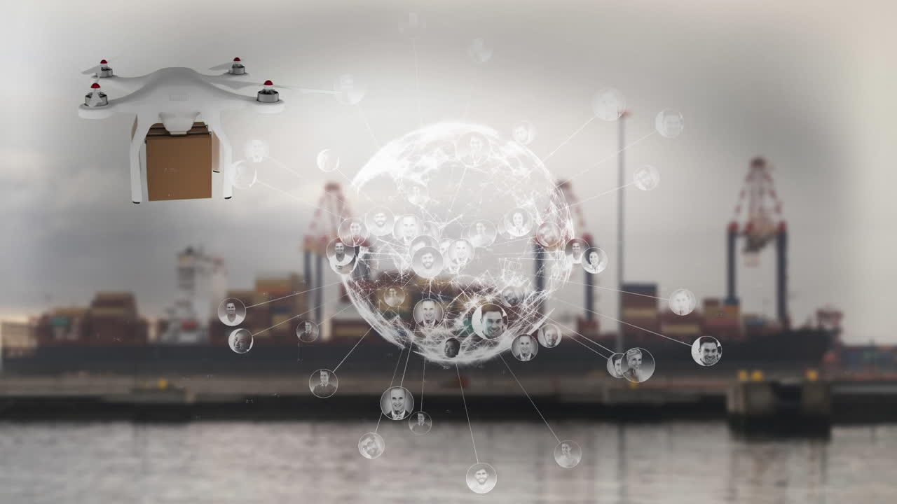 드론을 통한 연결 네트워크의 애니메이션과 조선소를 통한 패키지