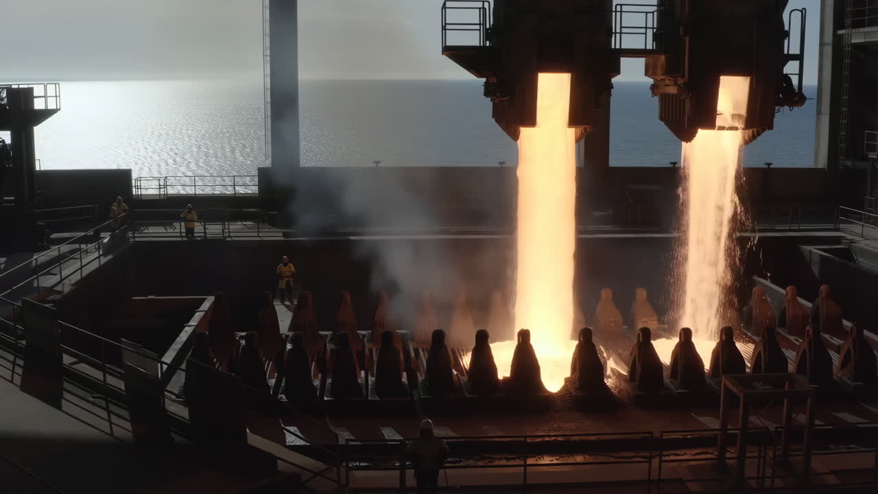 Molten metal pouring in an industrial facility by the sea