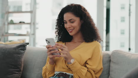 Woman,-phone-and-mobile-text-on-a-living-room-sofa