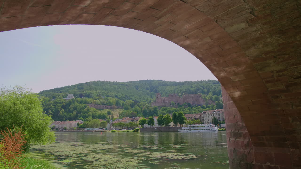 Heidelberg view under Karl-Theodor-Br&uuml;cke bridge, river neckar, a tourist boat on a sunny day