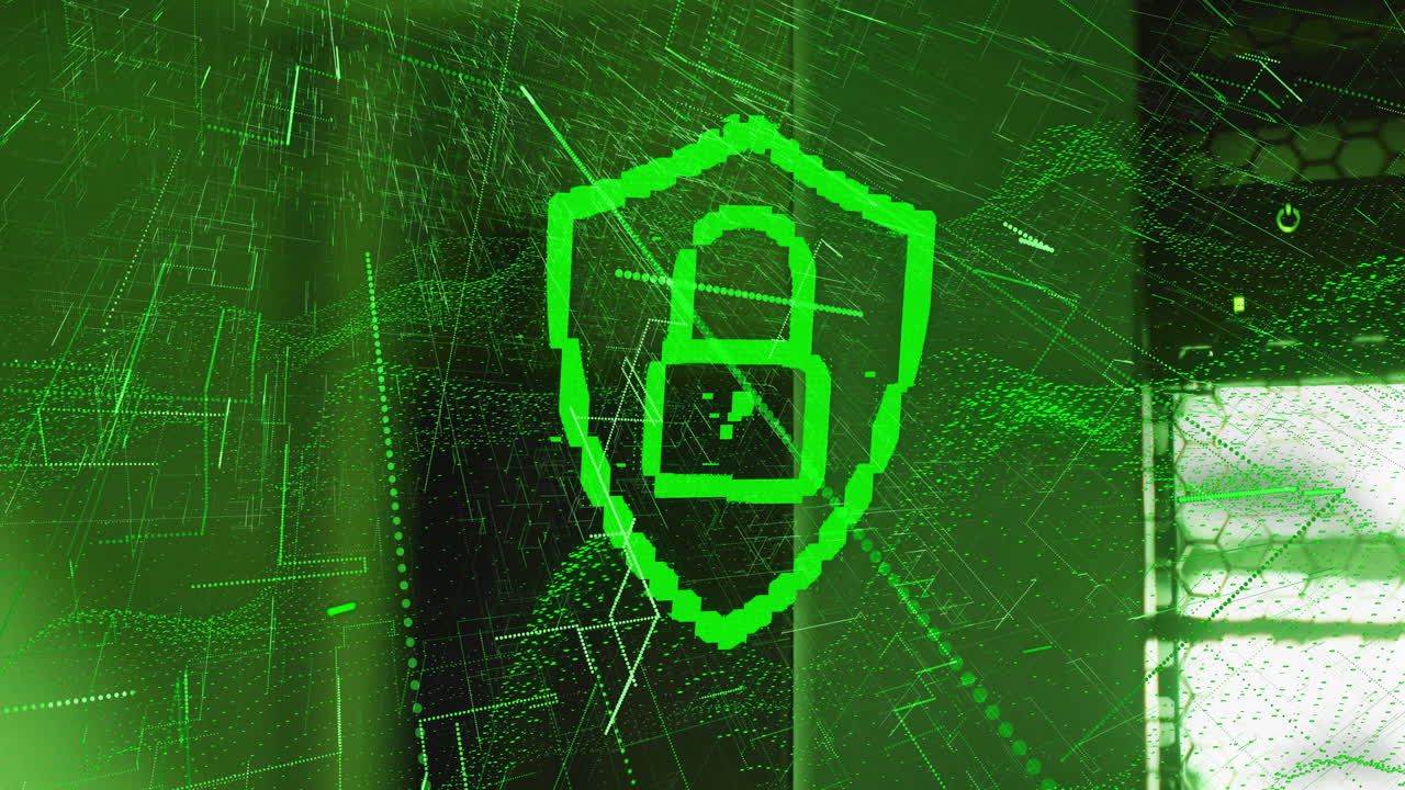 cerradura y escudo que simboliza la ciberseguridad sobre la animación de la red digital