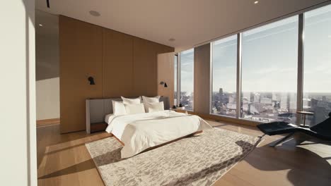 a large white bed inside of a luxury bedroom with large windows letting in natural sunlight, wide push in