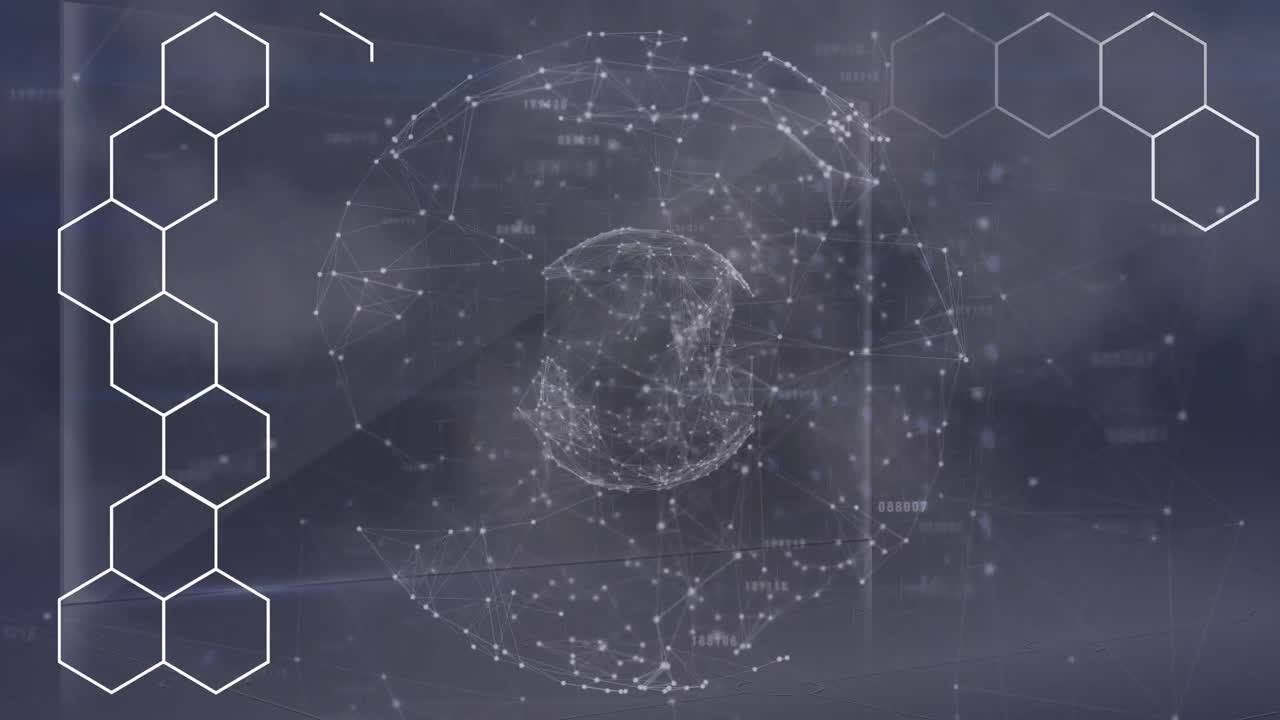 Animation of white hexagon chain over rotating globe with network of connections, on grey background