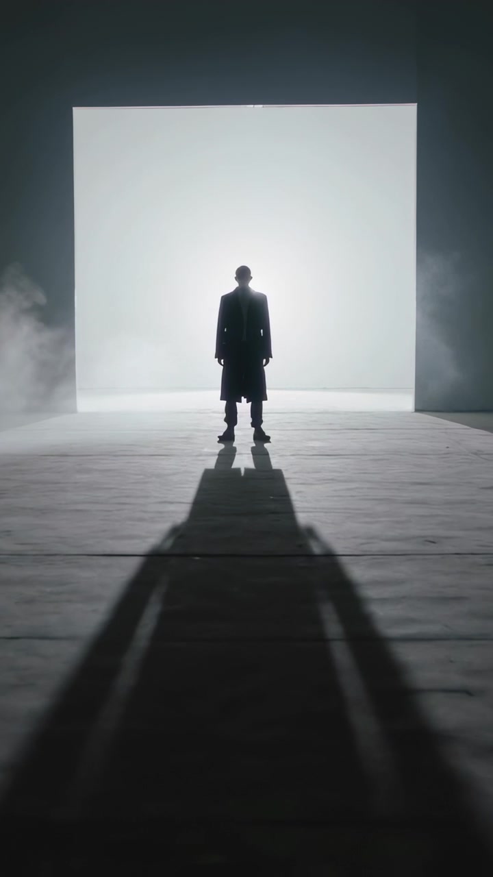 Vídeo vertical: Portal surgindo, homem de casaco e botas pisando, projetando uma longa sombra no chão com neblina.