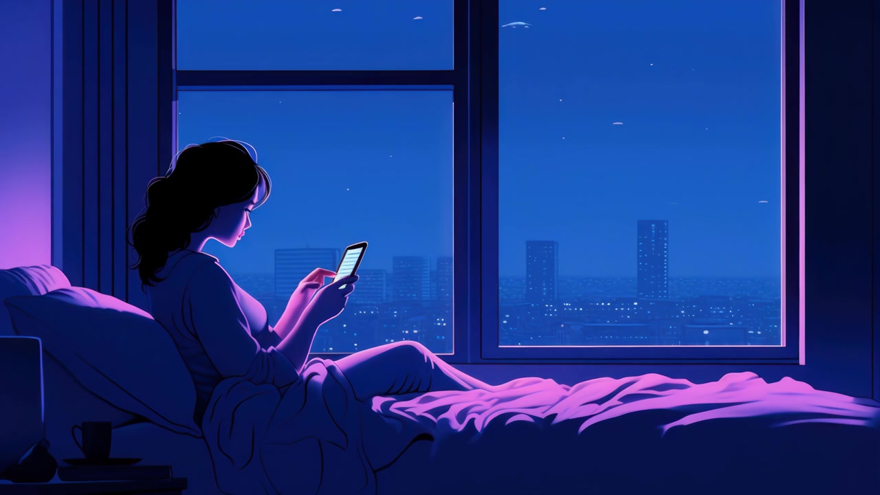 夜ベッドでスマートフォンを使っている若い女性
