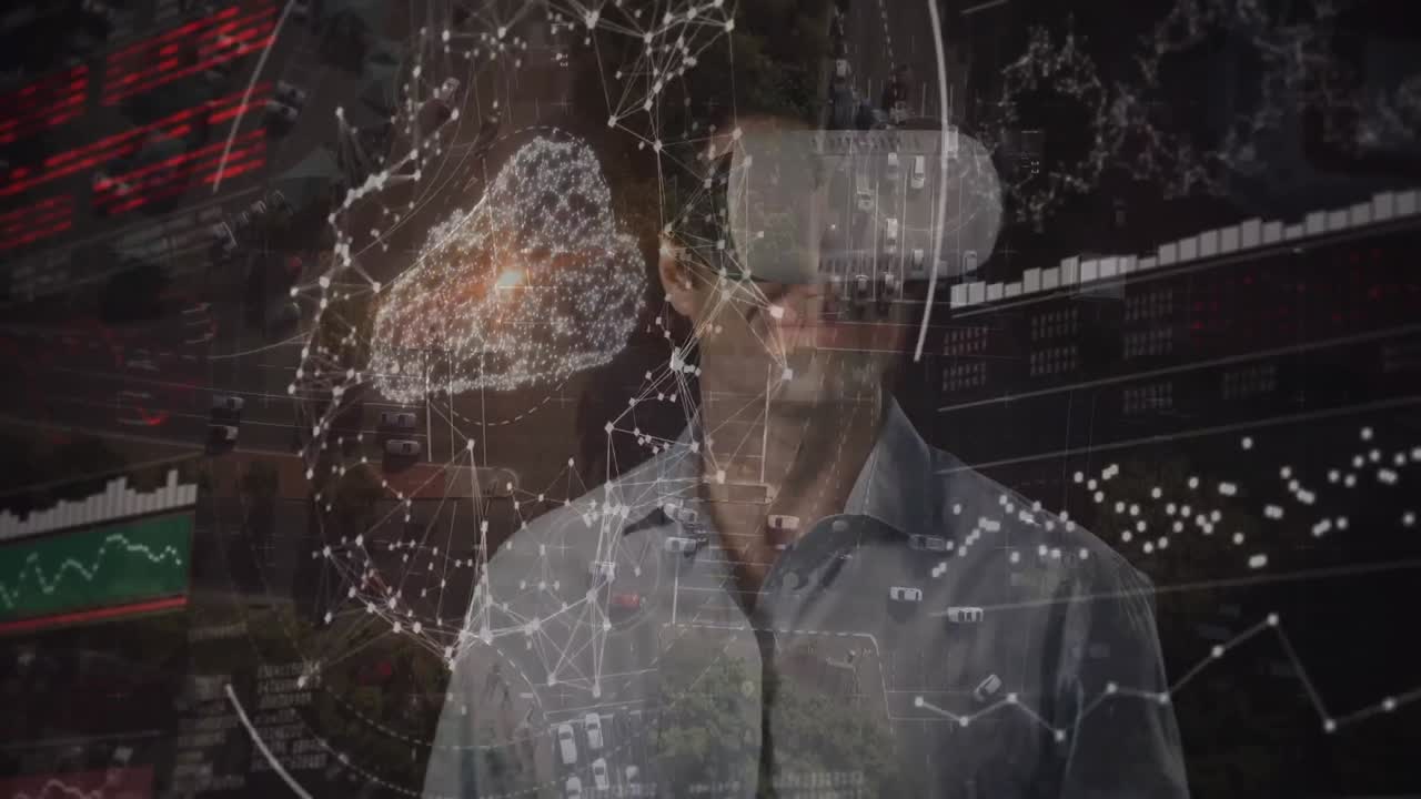 animación del procesamiento de datos y nube digital sobre el hombre que usa auriculares vr