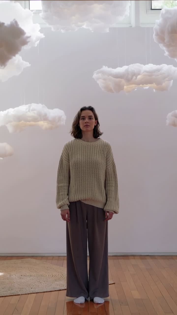 Video verticale: Donna in piedi con un maglione color crema che cambia posa vedendo una nuvola illuminata nella stanza, ammirando un'opera d'arte.