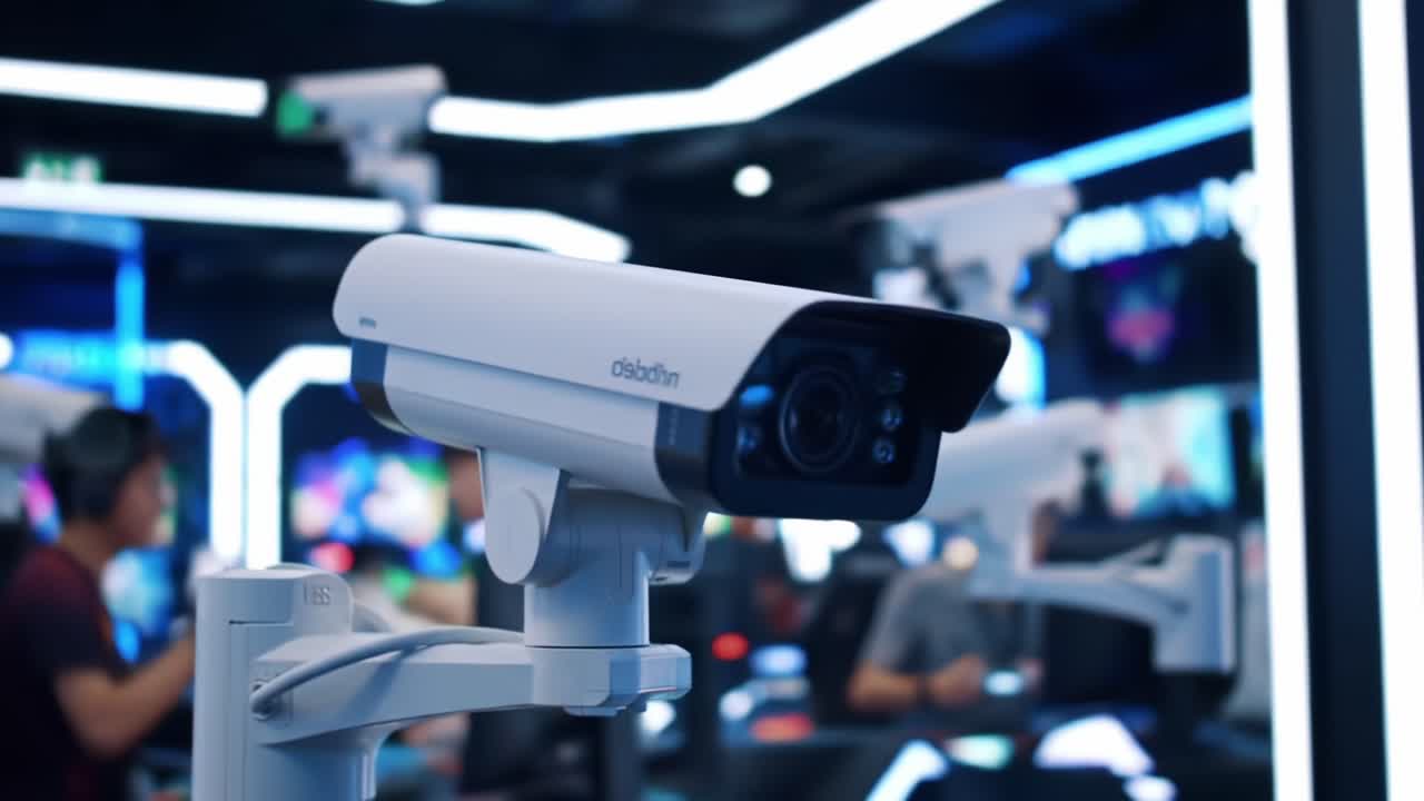 Surveillance Technology Showcase: A Focus on Advanced Security Cameras in a Modern High-Tech Environment, Highlighting Cutting-Edge Features and Innovative Designs