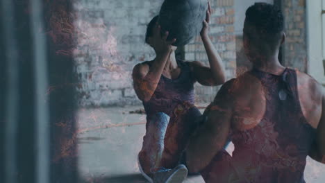 in gym, two people exercising with medicine ball, focusing on fitness animation