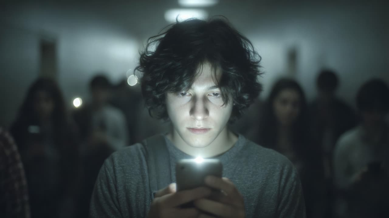 A Young Man Engrossed in His Smartphone Illuminated in a Dimly Lit Hallway, Surrounded by Other Individuals with Their Devices in a Mysterious Atmosphere