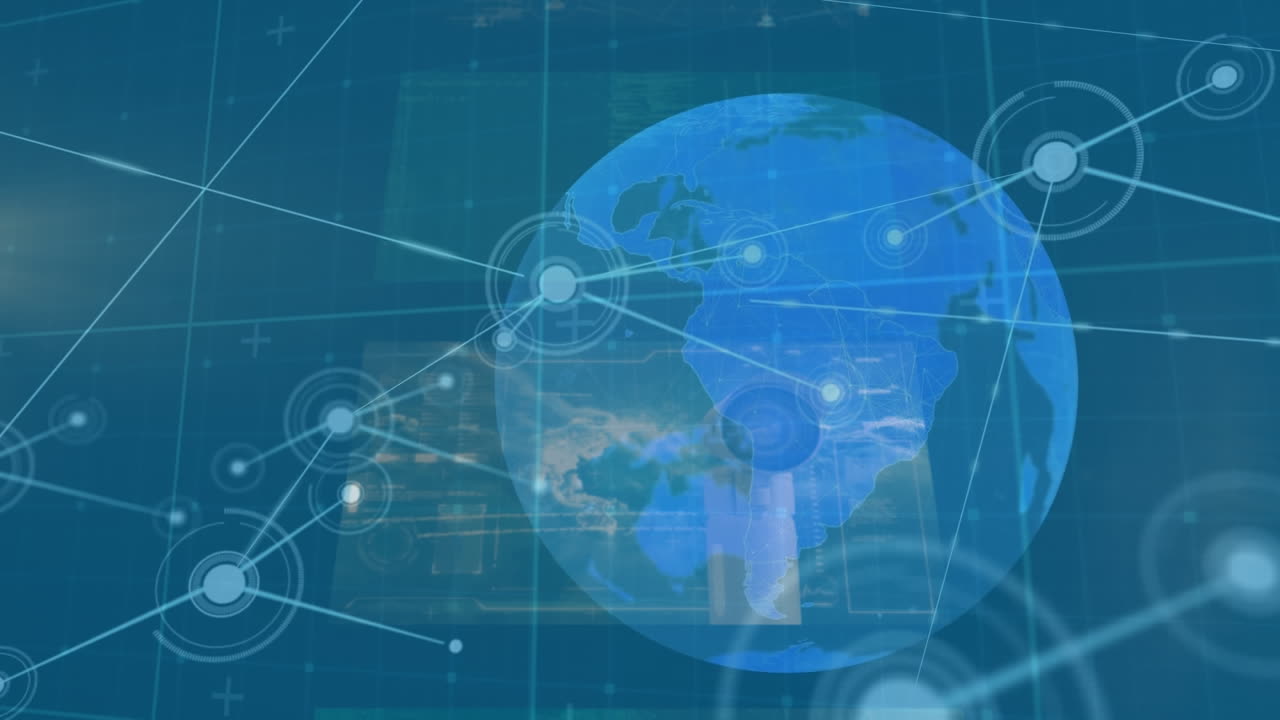 파란색 배경에 아이콘과 지구공을 가진 연결 네트워크의 애니메이션