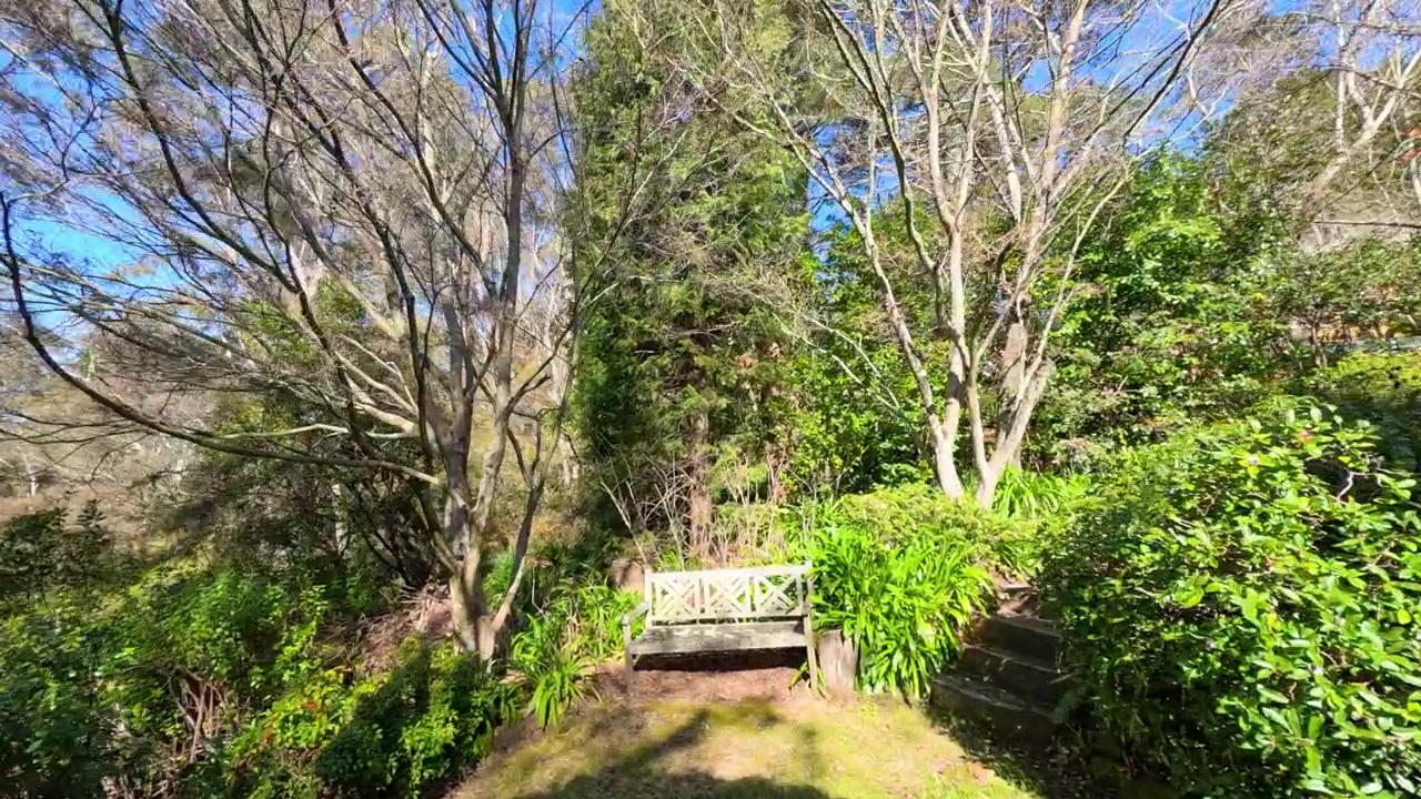 Una cámara de mano se mueve por un jardín soleado en el patio trasero hacia un banco de madera en Australia