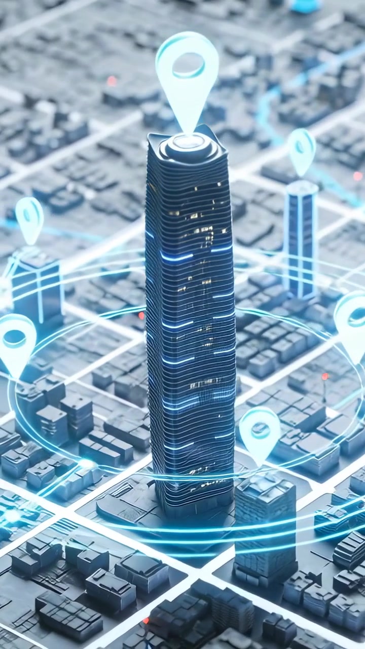 Video verticale: Inquadratura iniziale che mostra una torre con bande pulsanti su una mappa urbana, un segnaposto che indica un nodo
