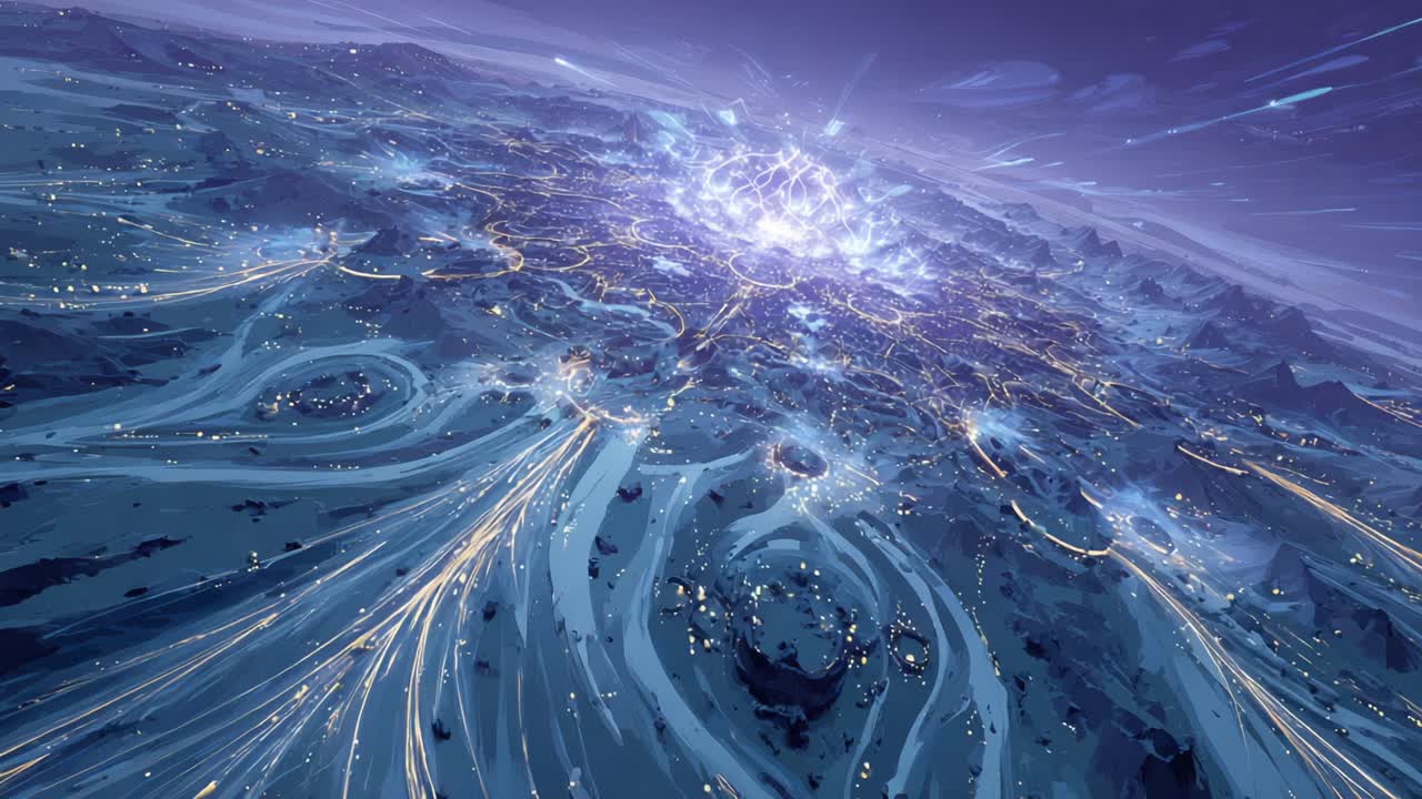 Stunning aerial view of a sprawling alien metropolis at night, with intricate networks of glowing light trails connecting different sectors and a powerful energy source pulsating at its core
